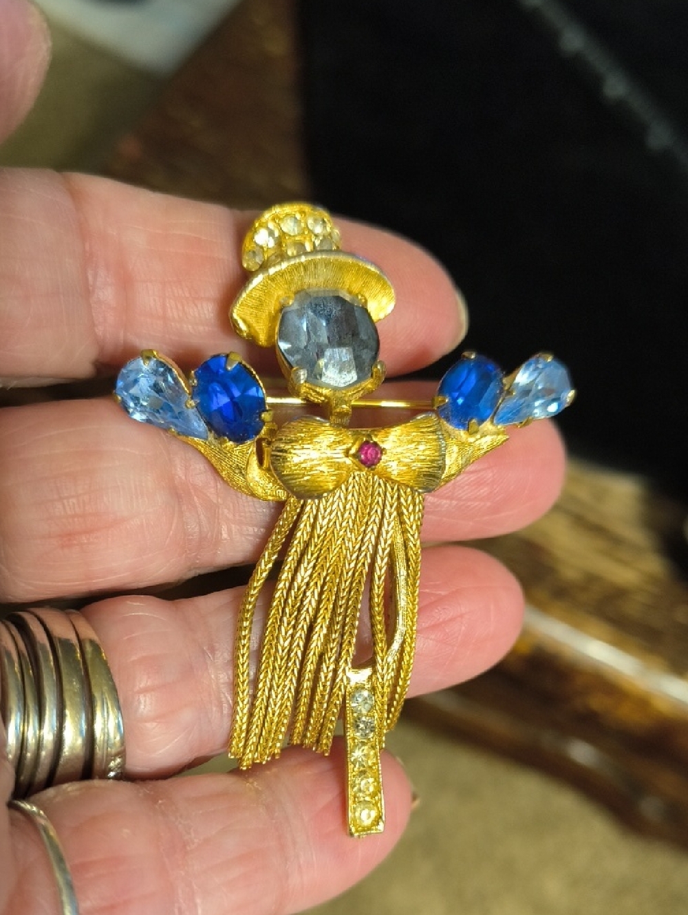 Corocraft Vintage Blue Crystal Scarecrow Brooch with Chains
